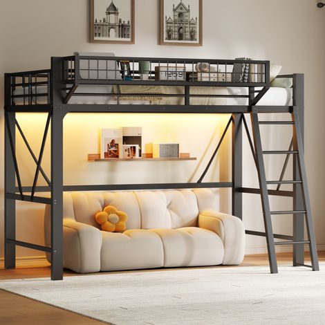 Lit mezzanine enfant 90 x 200 cm avec bureau intégré, escalier intégré, garde-corps, compartiments, LED, charge maximale 120 kg, en métal, Noir (1/5)