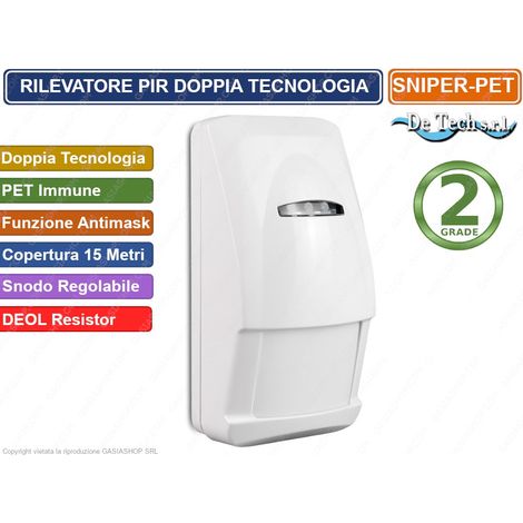 PIR SENSORE RIVELATORE DOPPIA TECNOLOGIA 15 METRI PET IMMUNE GRADO 2 ANTIMASK SNIPER-PET