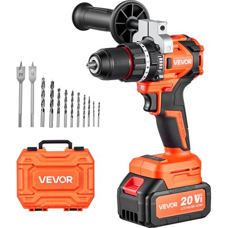 VEVOR Perceuse a Percussion Sans Fil 20 V, 26000 IPM Moteur Sans Balais, Batterie Lithium-ion 4000 mAh et Chargeur, Mandrin Tout Metal 1/2", Kit de Perceuse pour Bois, Metal et Vissage, Design Compact (1/5)