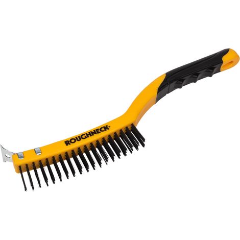 Roughneck 52-030 Carbon Steel Wire Brush with Soft Grip and Scraper, 355mm (14-inch), 3-Row Design