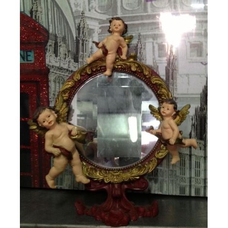 Specchio Decorativo Natalizio in resina con 3 angeli Rosso e Oro (1/2)