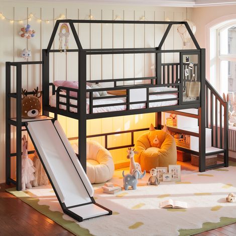 Lit mezzanine enfant en métal noir et MDF 90 x 200 cm, forme maison avec toboggan, escalier à rangements, tringle à vêtements et LED Bluetooth – de FLORAGRACE (1/5)