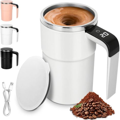 Tasse à Mélanger Automatique, 380 ml Magnétique Tasse Melange Automatique, Gobelet Mélangeur Magnétique Automatiqu En Acier Inoxydable avec Affichage de la Température pour Café, Lait (Blanc) (1/5)
