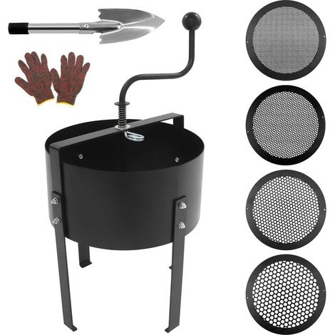 Metal crank garden sieve, 30 cm diameter, with 4 interchangeable sieves (3/6/9/12 mm) for gardening: soil, compost, weeds, sand. (1/5)