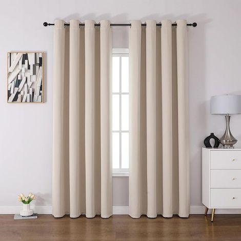 Rideaux occultants et thermiques beiges (2 pièces) pour le salon, isolants thermiques et anti-chaleur, avec œillets, isolation lumineuse et protection UV. (1/5)