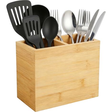 Bamboo Kitchen Utensil Holder, 2 Compartments, Cutlery Basket and Cutlery Organizer, Utensil Holder for Worktop, Stable Kitchen Organizer for Storing (1/5)