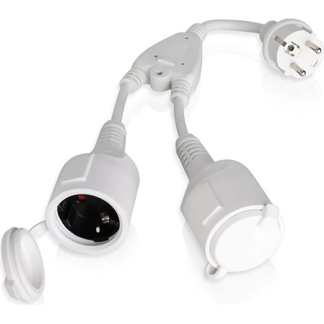 Double Prise Électrique 2 en 1, Rallonge Multiprise Courte Ip44, 16A/250V avec Sécurité Enfants, Adaptateur Schuko pour Intérieur Et Extérieur, Blanc (1/5)