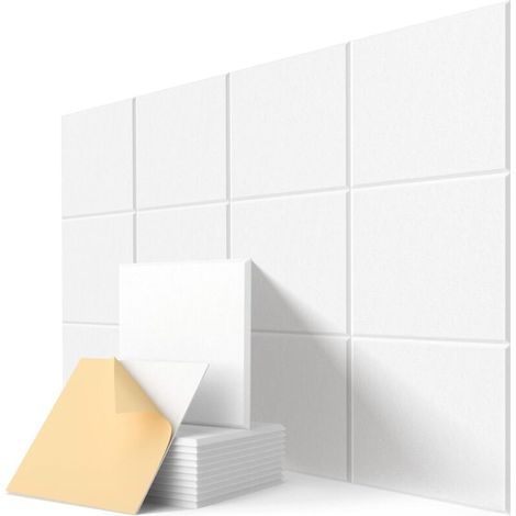 Quadratische Akustikwandpaneele, selbstklebend, 30 cm x 30 cm x 9 mm, weiß, für Studios, Schlafzimmer und Wohnungen, 18er-Packung (1/5)