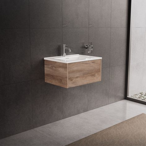 Inda - Badezimmerschrank 1 Schublade L.60 mit glänzendem Waschbecken / Natureiche - Diamante (1/5)