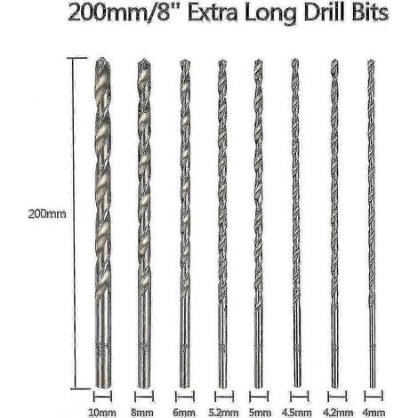 Forets extra longs de 200 mm, lot de 8, forets HSS, diamètre de tige droite 4 mm et 4,2 mm (1/2)