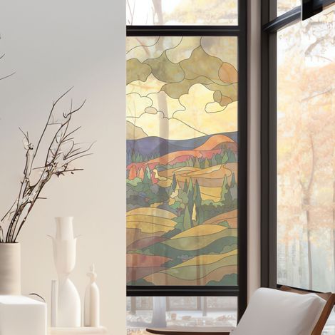 Stickers décoratifs électrostatique, plaine campagnarde, arbres, nature, paysage, effet vitrail, 150 cm X 67,5 cm (1/2)