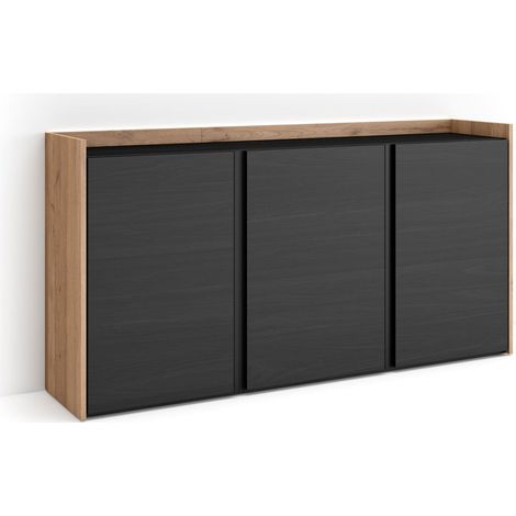 Skraut Home - Credenza, Mobile, Cucina, Madia, mobile ingresso, 156x35x80cm, 3 Porte, LED, Stile moderno, Nero e rovere (1/5)