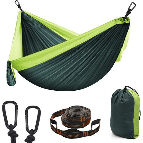 Hamac d'extérieur portable en nylon pour 2 personnes avec sangles d'arbre et mousquetons en alliage d'aluminium (270 x 140 cm). (1/5)