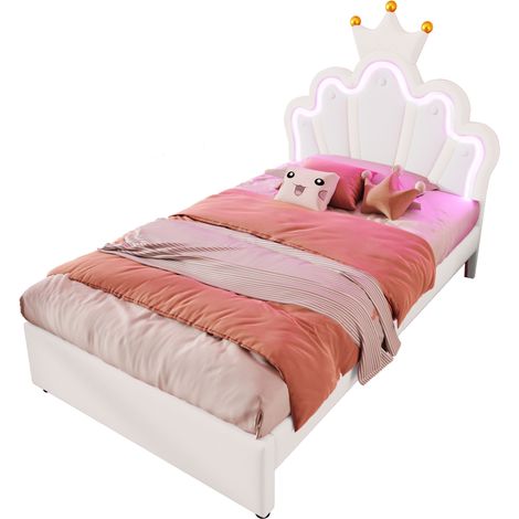 Cama infantil 90 x 200 cm con cabecero ajustable, 2 cajones, luz LED multicolor de 16 colores, diseño corona y acabado en cuero regenerado blanco, sin colchón  CHICFURN (1/5)