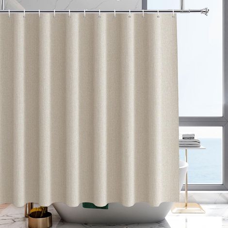 Tenda da doccia 180 x 200 cm in finto lino beige, tenda da bagno stretta in tessuto idrorepellente, lavabile in lavatrice, larghezza 180 x altezza 200 cm (1/5)