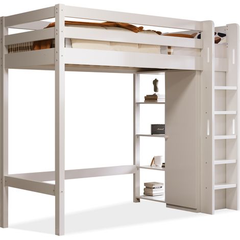 Lit mezzanine enfant bois/panneaux de particules blanc 90x200 cm avec armoire, 6 étagères et sommier à lattes inclus (1/5)