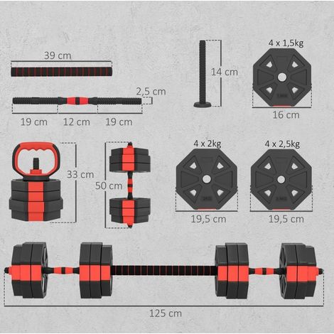 Manubri regolabili 4-in-1 25 kg, set 4 funzioni per allenamento a casa, rosso DESVIAE (1/4)