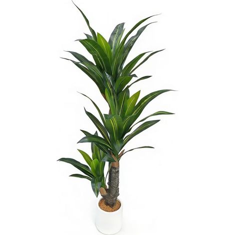 Dracaena Artificiel 150 cm Plante Verte 3 Troncs avec Pot Blanc 3 troncs réalistes en plastique robuste et fil de fer, pot rétro avec galets jaunes, montage rapide en 2 parties (1/5)