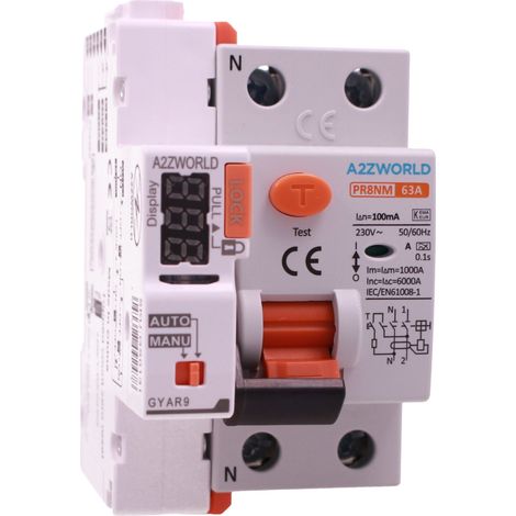 A2ZWORLD RCCB Interruttore Differenziale Puro Riarmo Automatico, Tipo A 1P+N 3M 6000A 100mA AC 230V IP20 IEC61008-1 PR8NM, Corrente Disponibili 25A 40A 63A  (63A)