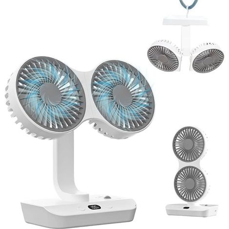 Tragbarer Tischventilator, 4000 mAh, zwei wiederaufladbarer USB-Tischventilator mit LED-Licht und Haken, 4 Geschwindigkeitsstufen und 360°-Drehung für Schlafzimmer, Büro und Camping (1/5)