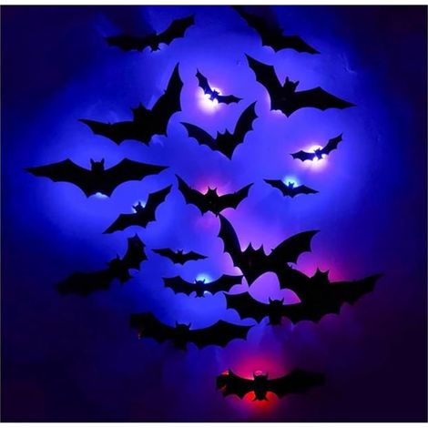 LED 3D Bat Wall Decals, Glow-in-the-Dark Halloween Stickers, 12 Pieces (1/5)