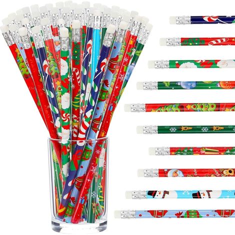 100 pastelli natalizi con gomma, 10 stili diversi: pupazzo di neve, calza, Babbo Natale, renna, albero di Natale. Assortimento di pastelli in legno per regali di Natale (19 x 0,8 cm).