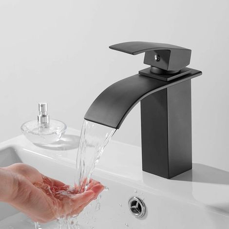 Wasserfall-Waschtischarmatur, Badezimmerarmatur mit Warm- und Kaltwasseranschluss, Messing-Waschtischmischer (Schwarz) (1/5)