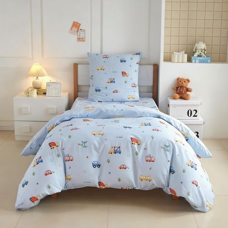 Housse de Couette 140x200 Enfant Motif Voiture Bleu 100% Coton (1/5)