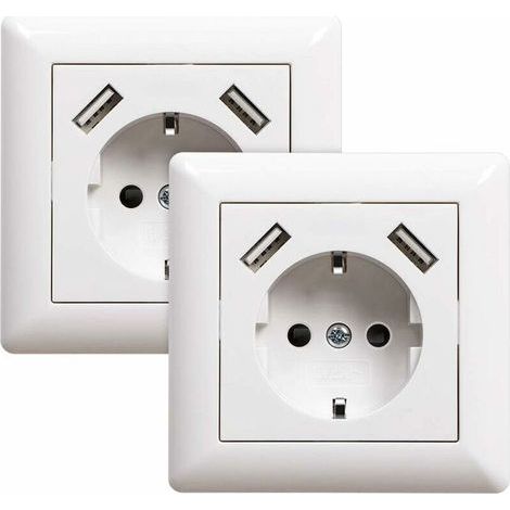 2 Steckdosen mit USB-Anschluss (max. 1000 g). Unterputz-Wandsteckdose mit USB-Anschluss, System 55 Weiß, Hochglanzweiß, von DEBUNS (1/5)