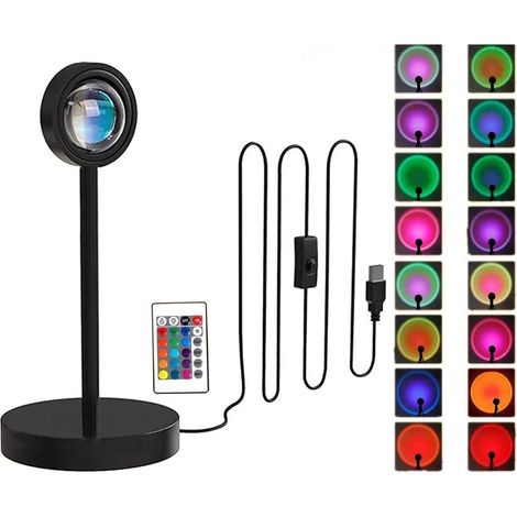 Lampe Coucher de Soleil LED Sunset Lamp,1pc 16 Couleur Lampe de Projection avec Télécommande,USB Rotation à 360° Lampe de Chevet,Convient (1/5)