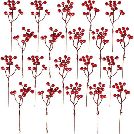 20 Pack Artificial Red Berry Stems for Christmas Tree Decorations, Crafts, Wedding, Holiday, Winter Decor, Home Decor
