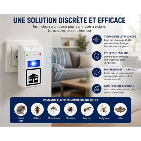 Lot de 4 Prise à Ultrason anti Nuisible Répulsif Ultrason Ondes Electromagnétiques Souris Rats Araignées Cafards Ultrasonique (1/5)