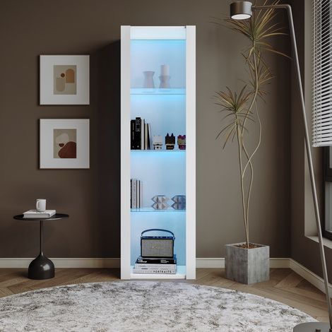 Vitrina blanca brillante con LED, 3 estantes de vidrio, 55 x 38 x 166 cm DESVIAE (1/5)