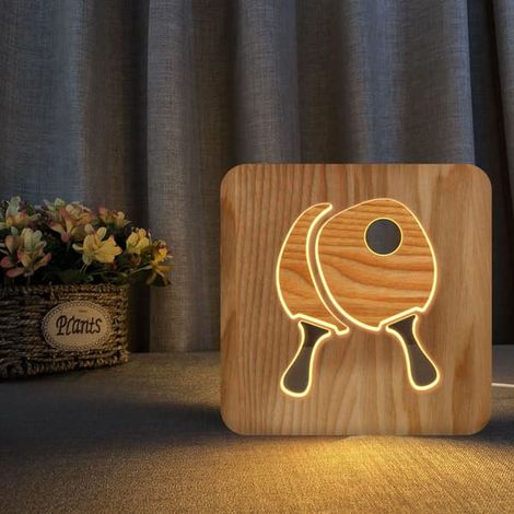 Veilleuse en bois en forme de balle de ping-pong, lampe 3D, lampe en bois créative, lampe décorative simple, motif de sculpture en bois 3D, veilleuse LED pour bureau (1/5)