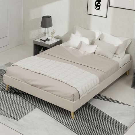 Bett Stoff/Metall Beige 140x200 cm, niedriger Bettrahmen im modernen Design (1/5)