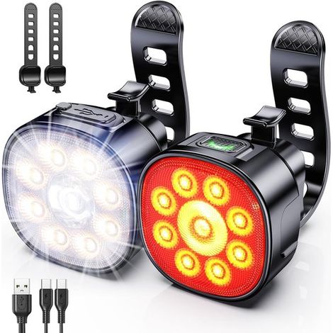 Luz para bicicleta，[8+7 modos]，Recargable por USB，Luz delantera y trasera para bicicletas，Luz para bicicleta impermeable IP65，Negra (1/5)
