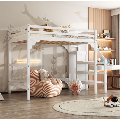 Cama alta 140x200 cm moderna de pino y MDF blanca, con somier de láminas, escalera con almacenaje y armario (1/5)