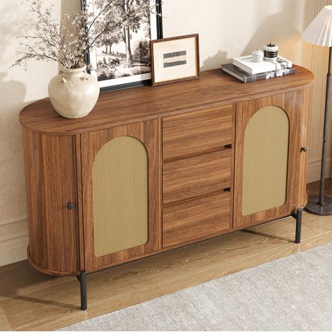Madia ovale in MDF, ante in rattan, 3 cassetti, piedi in metallo, finitura noce (1/5)