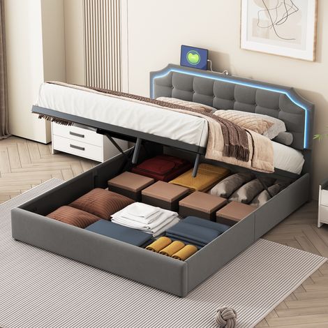 Letto contenitore 140x200 cm - velluto, testiera doppia con illuminazione LED, letto contenitore idraulico, giroletto, rete a doghe, letto adulto, letto imbottito - Grigio (1/5)