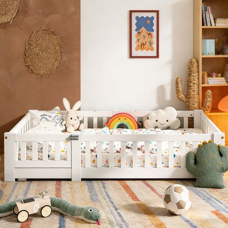 Lit pour Enfant 80x160 cm avec Barriere de Securite et sommier à Lattes, Lit Enfant Montessori Bois de pin Massif Interbeds, Blanc