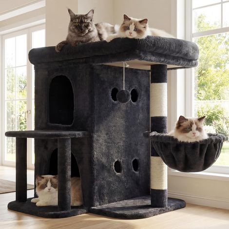 Arbre à Chat, Tour de 65 cm pour Grands Chats avec Plateforme Spacieuse, Cabines Double Couche, Poteaux à Griffes en Sisal, Panier Confortable et Pompon, Gris Fumé HCT204SG (1/5)