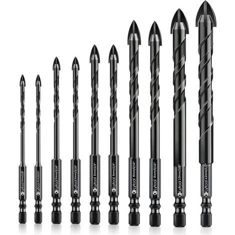 Glass Drill Bit, Tile Drill Bit, 10-Piece Glass Drill Bit Set, Drill Bits for Glass Tiles, Ceramic Drill Bits, with Hex Shank, for Drilling Holes in Glass and Ceramic Tiles (1/5)