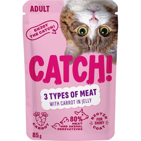 Catch Cibo umido per gatti adulti al gusto di pollo, anatra e manzo, in bustina da 85 g (1/2)