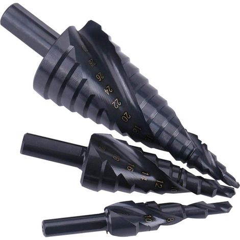 Juego de 3 brocas escalonadas HSS de 4-32 mm de acero de alta velocidad - Para taladrar metal y madera - Para agrandar agujeros en chapa metálica delgada (1/5)