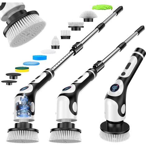 Brosse de nettoyage électrique rotative sans fil pour la maison, 550 tr/min - 9 têtes de brosse interchangeables - 90 min d'autonomie, 3 tailles réglables, 2 vitesses pour salle de bain, douche, baign (1/5)