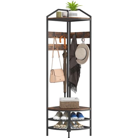 Meuble d'entrée d'angle - HOMCOM - 4 niveaux - rangement pour chaussures, 8 patères mobiles, 2 étagères - bois - brun rustique (1/5)