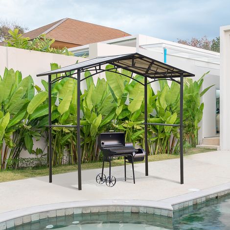 Pavillon jardin 2,5x1,5m, abri barbecue, 2 étagères, toit barbecue, métal noir, toit polycarbonate