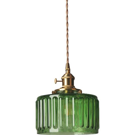 Lampe suspendue en laiton avec abat-jour en verre à rayures verticales, interrupteur rotatif et cordon tressé doré - Luminaire plafonnier suspendu (1/5)