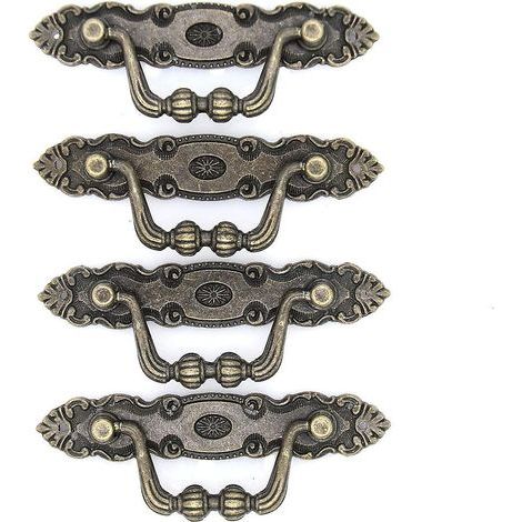 Lot de 4 poignées de tirage vintage en laiton antique – Poignées tombantes pour commode, armoires, longueur 10 cm et hauteur 3,8 cm (1/5)