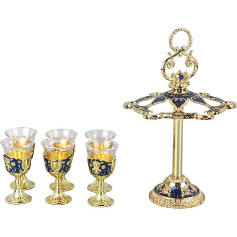 Lot de 6 calices chinois rétro en alliage de zinc, verre gravé motifs floraux, coupe pimp dorée et bleue pour fête, banquet, bar, famille. (1/5)